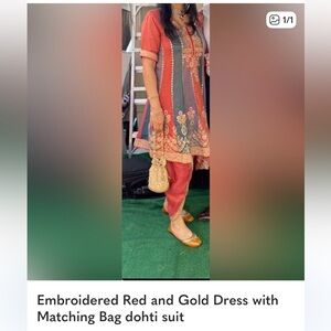 Embroidered Red and Gold Traditional Dohti Suit with Matching Bag